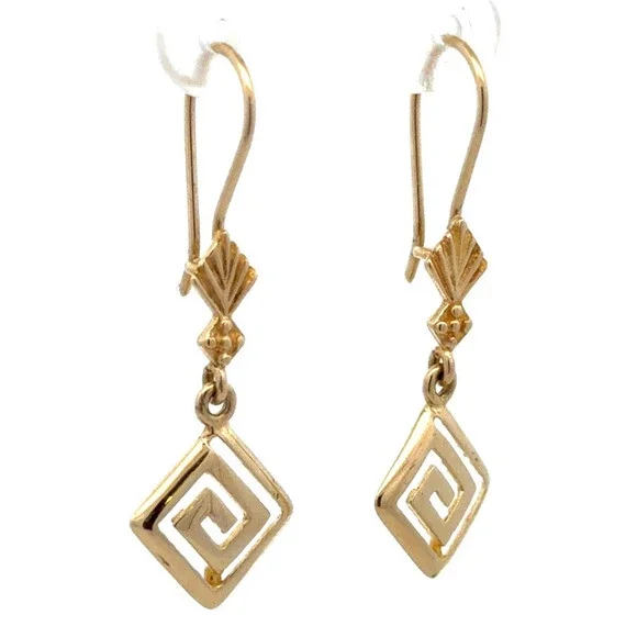 Designer 14K Yellow Gold Etruscan Modernist Square Swirl Dangle Hook Earrings
